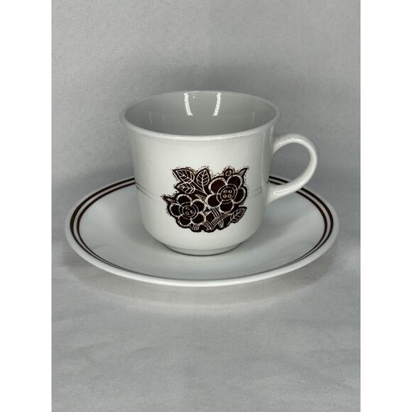 Vintage CORELLE Batik Cups & Saucers Brown Button Flowers Floral Set of 6 - Picture 2 of 6